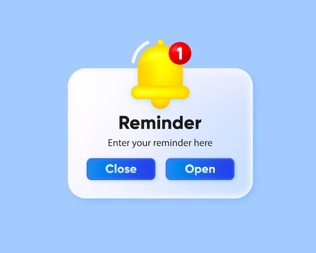 Reminder in 3D design Notifications page Business planning events reminder and timetable Alert