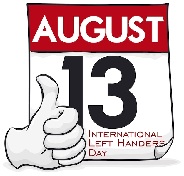 Reminder date in a calendar for Left Handers Day with a left hand doing a thumb up gesture