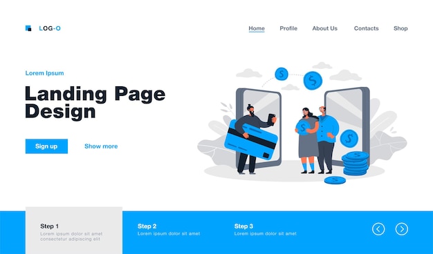 Remittance and money transfer between relatives landing page in flat style