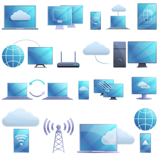 Remote access icons set, cartoon style