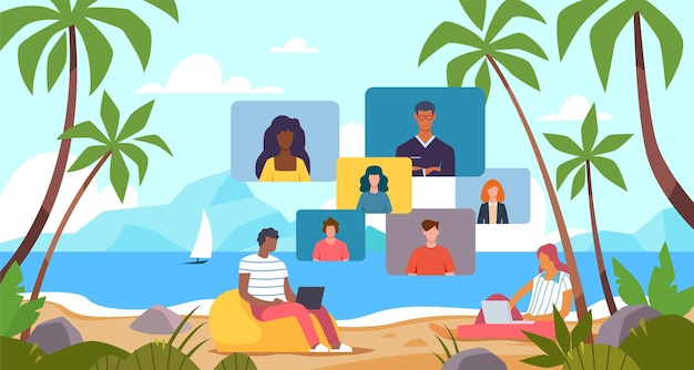 Remote conference call Freelance Man and woman working with laptops on beach Vacation and online chat with friends Video communication Freelancers talk to colleagues Vector concept