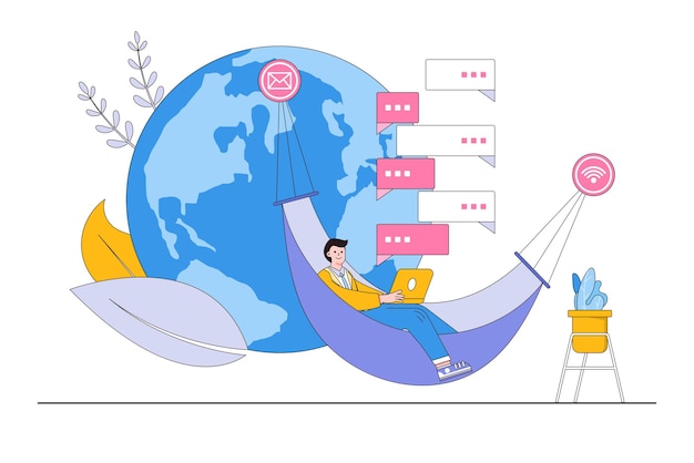 Remote job or distance work virtual or online office working from anywhere freelancers overseas employee concepts Businessman sitting on hammock with laptop computer and world globe behind