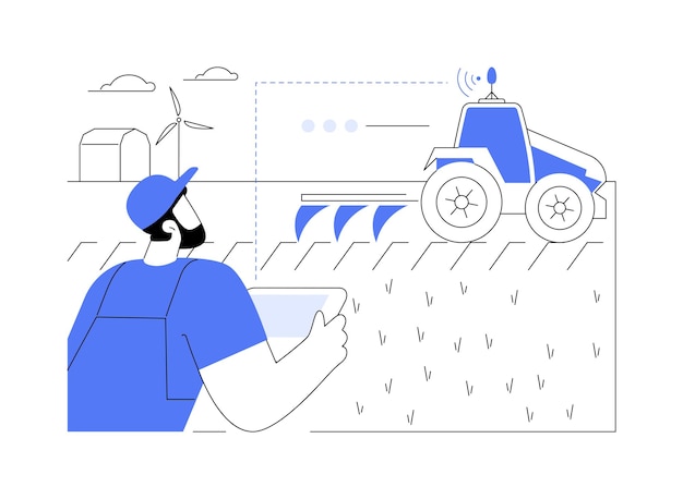 Vector remote machine navigation abstract concept vector illustration farmer with smartphone controls machine navigation tractors and heavy ploughing equipment run automatically abstract metaphor