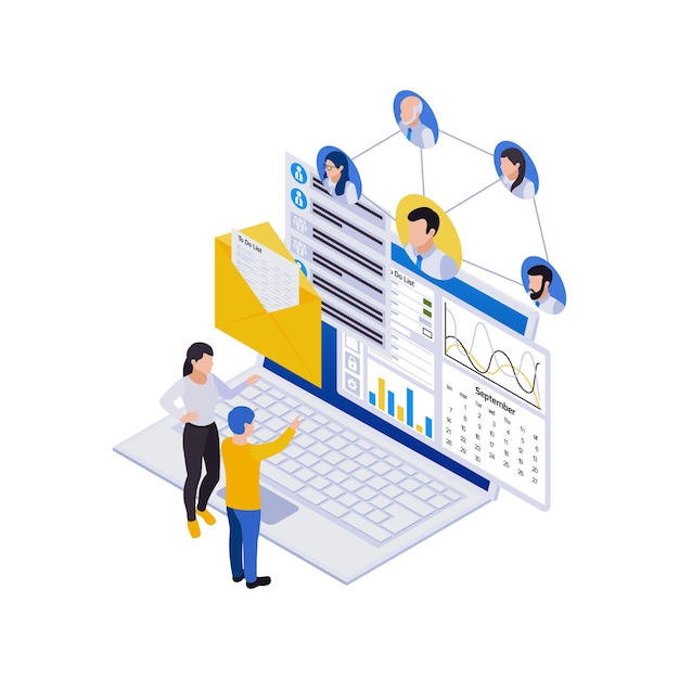 Remote management distant work isometric icons composition with laptop and avatars flowchart with people