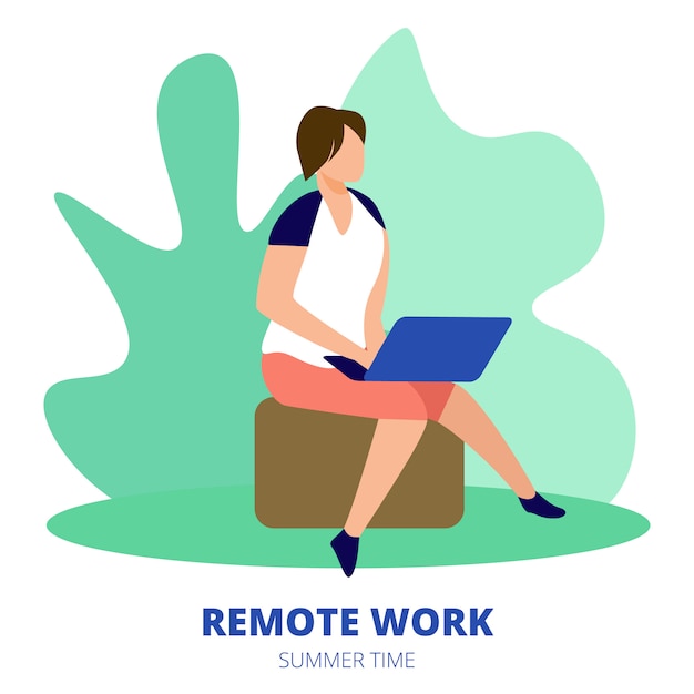 Remote Work Square Banner. Man Freelancer Sitting Outdoors at Summer Time Working Distant on Laptop.