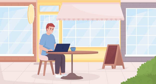 Remote worker on coffee shop terrace flat color vector illustration