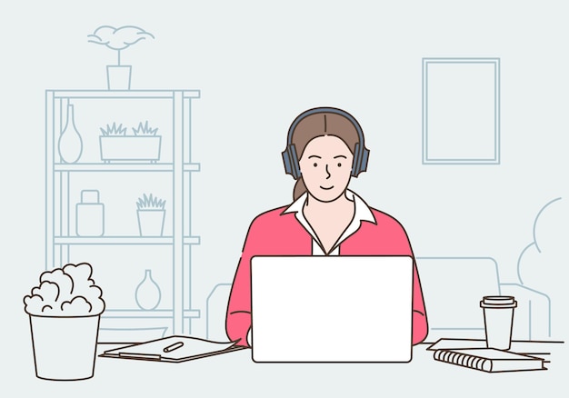 Remote working, telework and global outsourcing. Woman sitting at home and using laptop, communicate to colleagues. Flat Vector Illustration