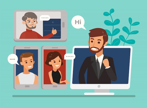 Remote working with a business team meeting held via a video conference call. Flat design style online meeting concept illustration. Online webinar, Work form home.