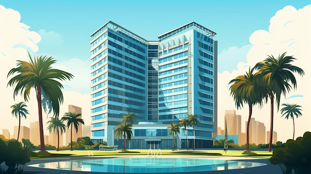 Vector a rendering of a hotel with palm trees in the background