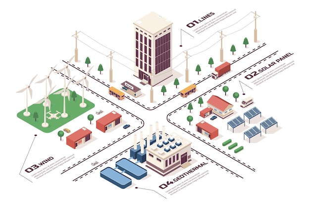 Renewable energy concept 3d isometric web infographic workflow process Infrastructure map with eco high voltage lines solar panels wind turbines Vector illustration in isometry graphic design