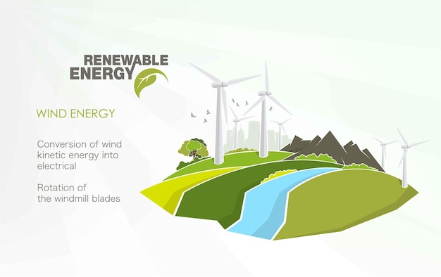 Renewable energy infographics with elements of the water of the sun wind and earth. 