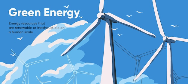 Renewable green energy banner with eco wind turbines Landing page background design with windmills towers future sustainable environment friendly electric resources Flat vector illustration