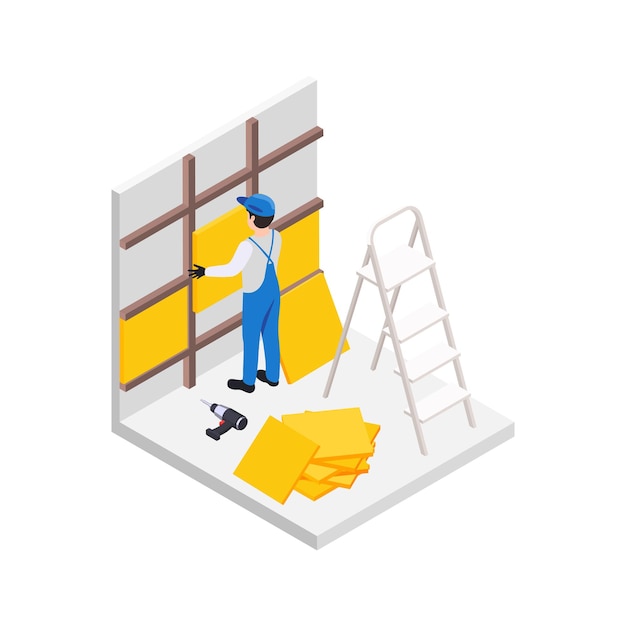 Renovation repair works isometric composition with male worker holding wall panels with drill