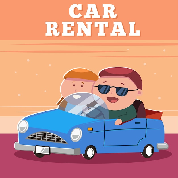 Rent a car poster design Vector cartoon illustration of a man and woman on a blue rental vehicle