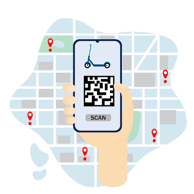 Rent a scooter from smartphone scan code phone in hand on city map