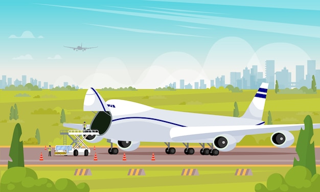 Repair Aircraft in Parking Lot Flat Illustration.