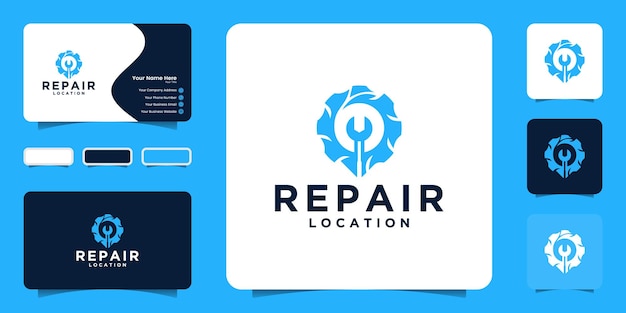 Repair location logo with gear concept and location and business card