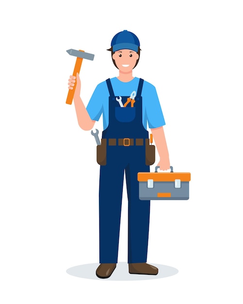 Repair man with blue uniform with work tools box cartoon style illustration