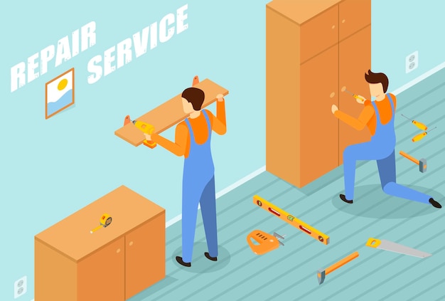 Repair service with working equipment symbols isometric illustration