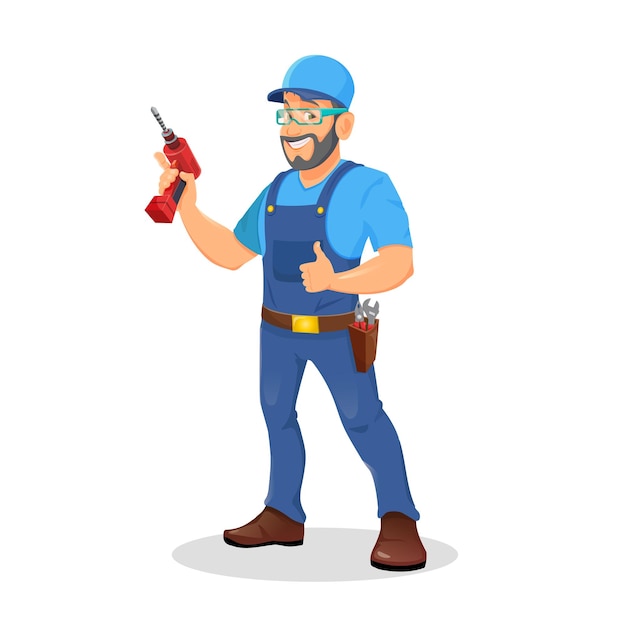 Repairman holding electric screwdriver and smile on white background