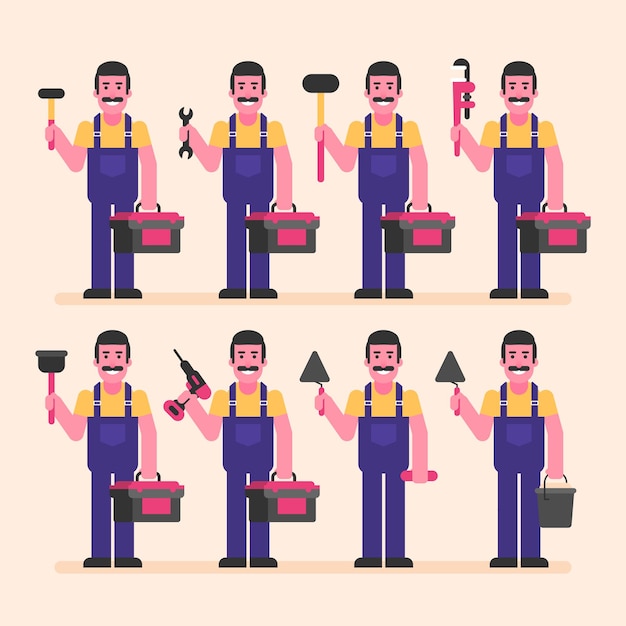 Repairman holds suitcase and various tools. Character set. Vector Illustration