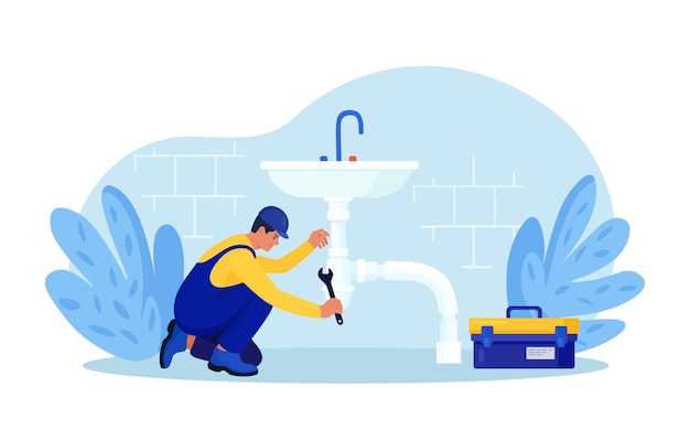 Repairman in uniform repairs ceramic sink plumbing pipes with tool Professional worker with wrench Home masters handyman fixing broken home plumbing Electrician plumber call Repair service