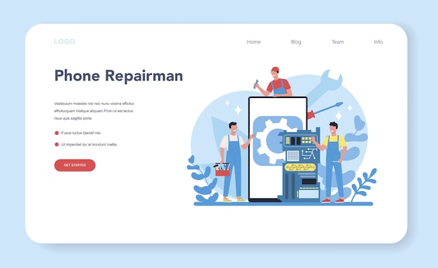 Repairman web landing page. Professional worker in the uniform repair electrical home appliance with tool. Repairman occupation. Isolated vector illustration