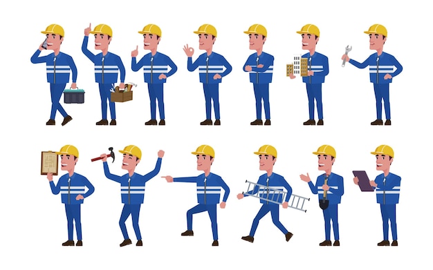 Repairman with different poses. vector