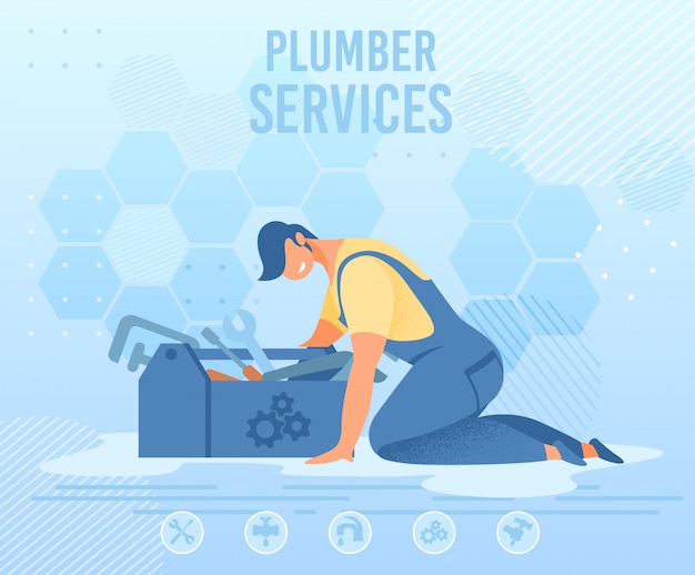 Repairman with tools box on plumber service banner