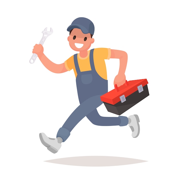 Repairman with the tools is running. Technical service, illustration in flat style