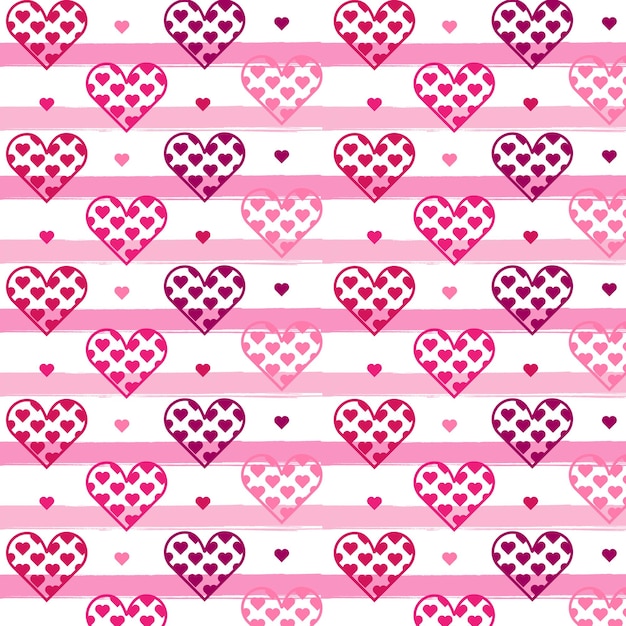 Repeated hearts and round dots on striped background. Romantic seamless pattern.