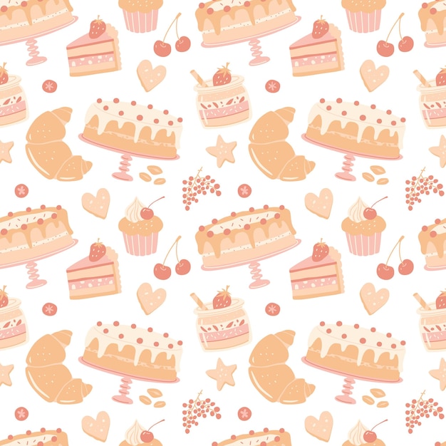 Repeating pattern with pastry desserts Vector seamless pattern