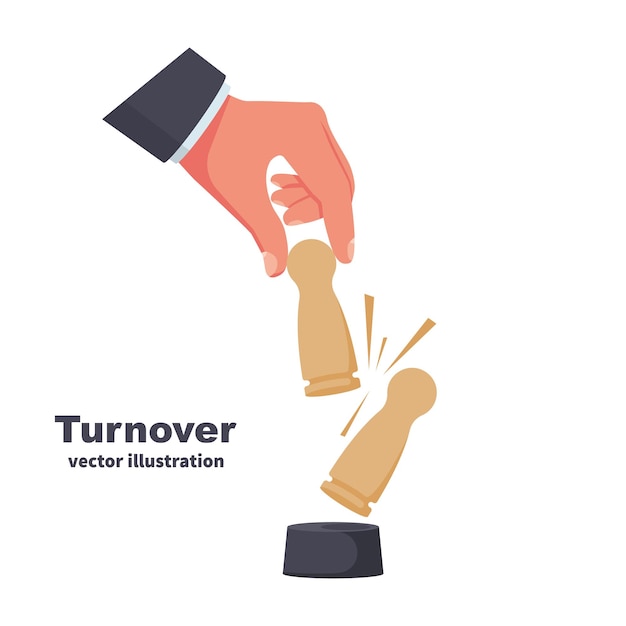 Replacing the wooden figure as symbol turnover. Firing an employee, replacement of staff. Businessman hold in hand wooden figure. Push from post. Replacement of staff. Vector illustration flat design.