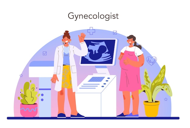 Reproductologist and reproductive health. Gynecologist doctor examining woman. Pregnancy monitoring and medical diagnosis. Obstetrician profession. Flat vector illustration