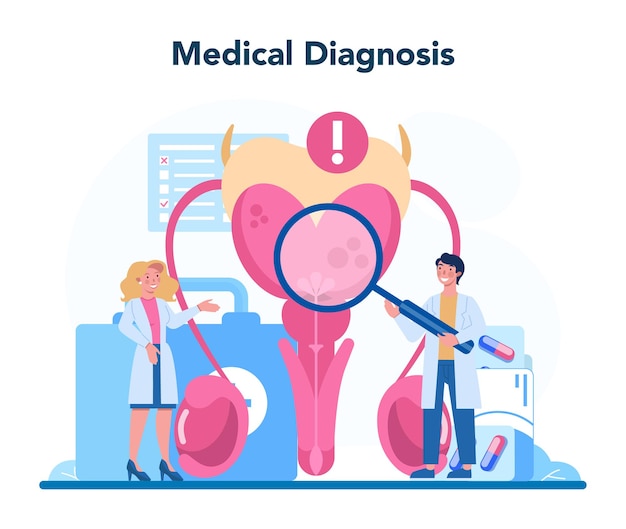 Reproductologist and reproductive health. Human anatomy, biological material research. Pregnancy monitoring and medical diagnosis. Isolated illustration in cartoon style