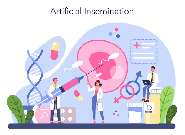 Reproductology and reproductive health Human fertility biological material research Pregnancy monitoring and artificial insemination Isolated illustration in cartoon style