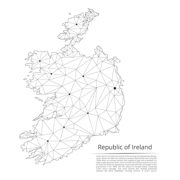 Republic of Ireland communication network map Vector low poly image of a global map with lights in the form of cities