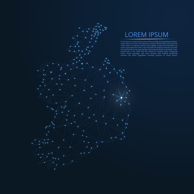 Republic of Ireland communication network map Vector low poly image of a global map with lights