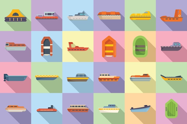 Rescue boat icons set flat vector Sea aid