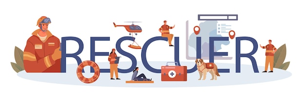 Rescuer typographic header. Urgent help. Ambulance lifeguard assisting first aid to injured person. Lifesaver on a beach or finding people operation. Isolated flat vector illustration