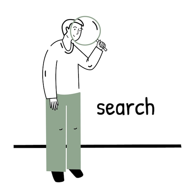 Research and search, the process of work, a person with a magnifying glass.