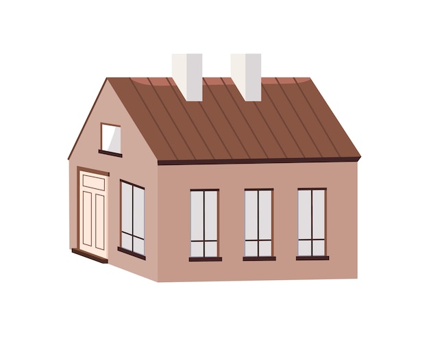 Residential house building exterior, outside view. Dwelling living home facade design, architecture with chimney on roof, windows and door. Flat vector illustration isolated on white background.