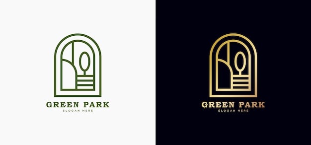 Residential logo with building cottage simple line art design