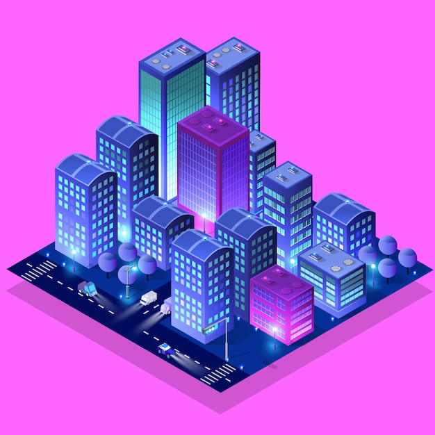 Residential town night city urban 3D illustration of neon ultraviolet