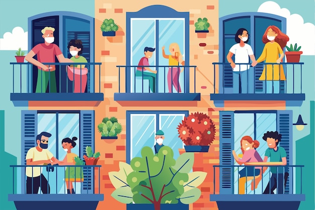 Residents connect on balconies sharing moments during the coronavirus quarantine in their community People on balconies or windows during coronavirus Customizable Flat Illustration