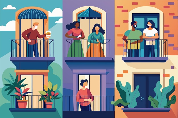 Residents engage on balconies sharing moments and staying connected during the coronavirus pandemic People on balconies or windows during coronavirus Customizable Flat Illustration