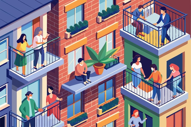 Residents gather on balconies and windows to connect with others amid the coronavirus pandemic People on balconies or windows during coronavirus Customizable Flat Illustration