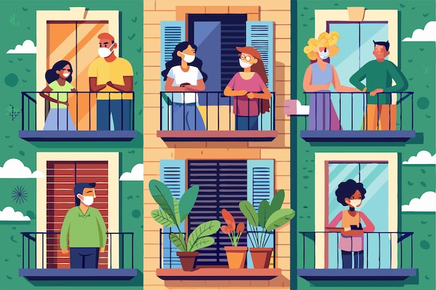 Residents interact from balconies wearing masks while staying connected amidst the pandemic People on balconies or windows during coronavirus Customizable Flat Illustration