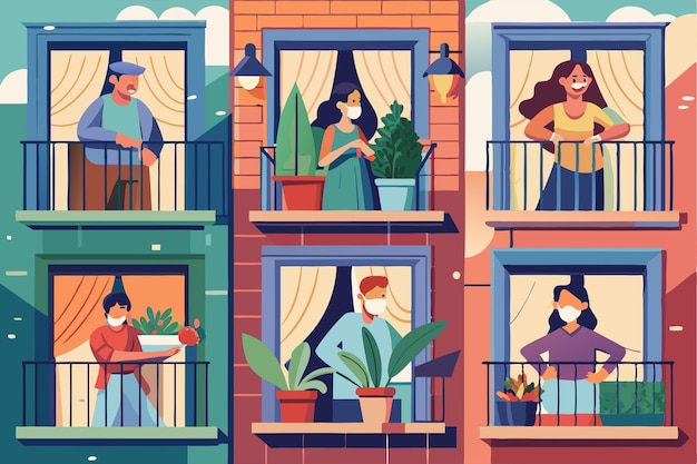 Residents relax on balconies and in windows wearing masks and caring for plants amid the coronavirus pandemic People on balconies or windows during coronavirus Customizable Flat Illustration