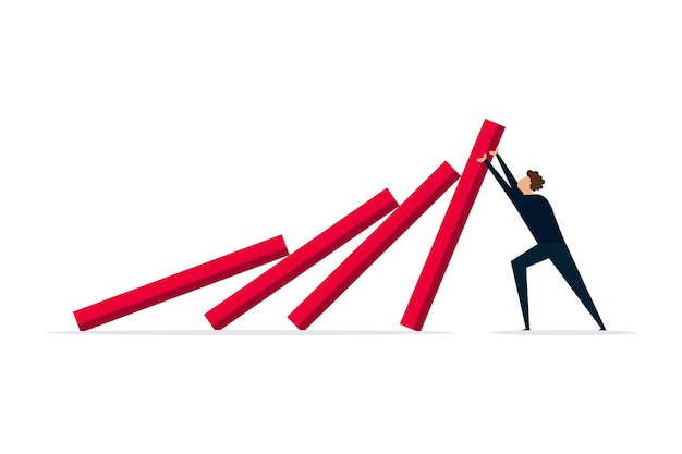 Vector resilience in business a selfassured powerful businessman deflects falling dominoes